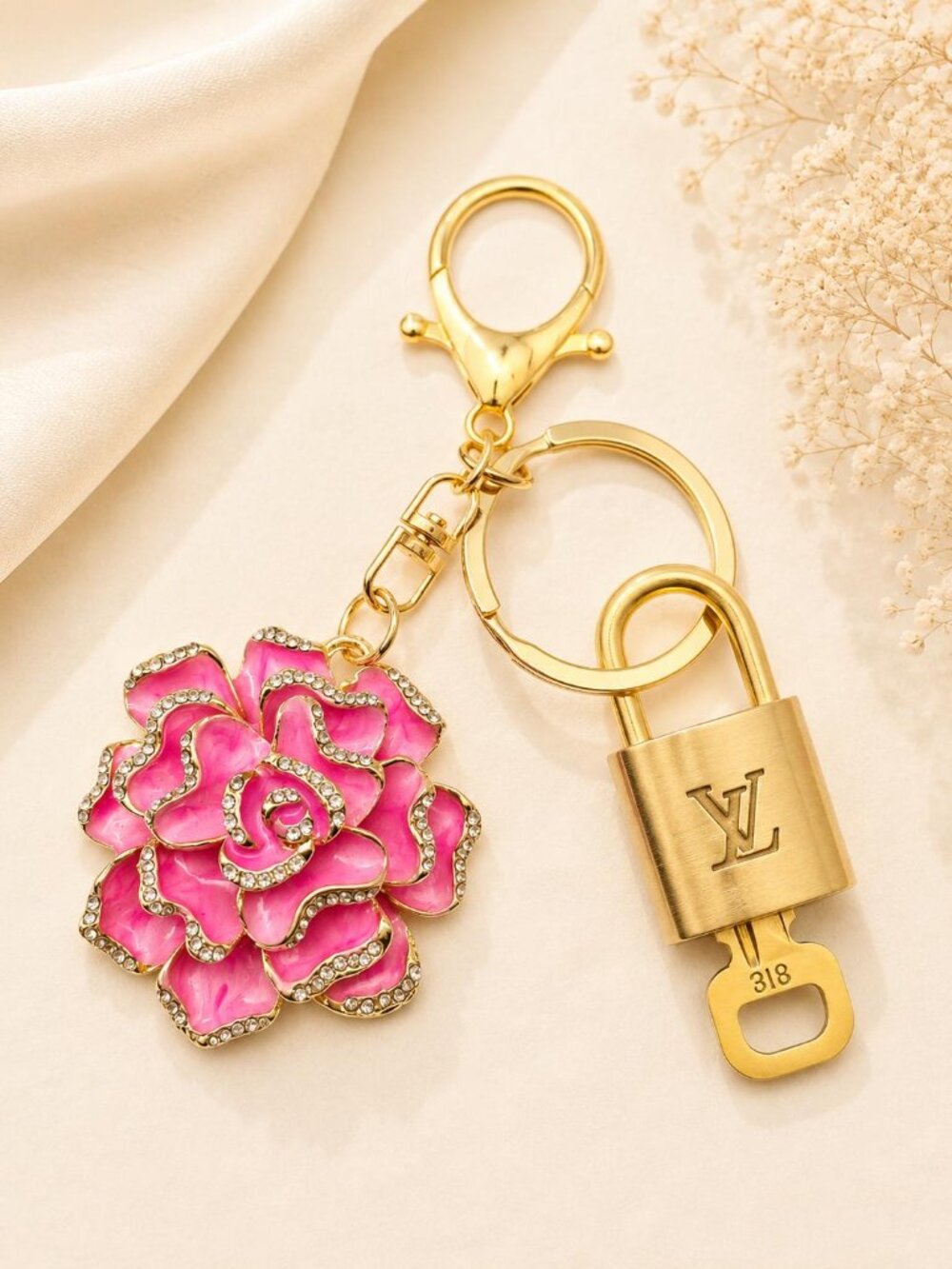 Authentic Louis Vuitton Gold Lock & Key ✨ Unbranded Flower Bag Charm Keychain